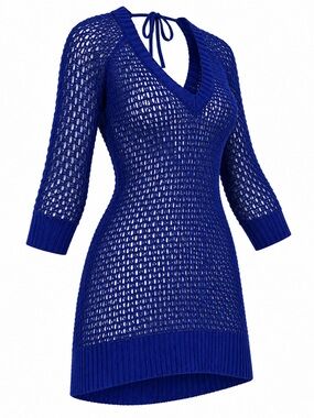 Dynamite Royal Blue Open-Knit V-Neck Sweater